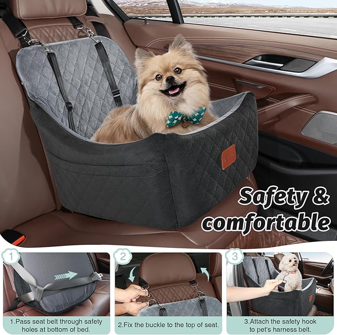 Dog Car Seat for Dogs Up to 35lbs,Fully Detachable and Washable,Memory Foam Covered Soft Fabric,Easy to Install with Adjustable Straps,Anti-Slip Bottom,2 Side Pockets(Black/Grey,Medium)