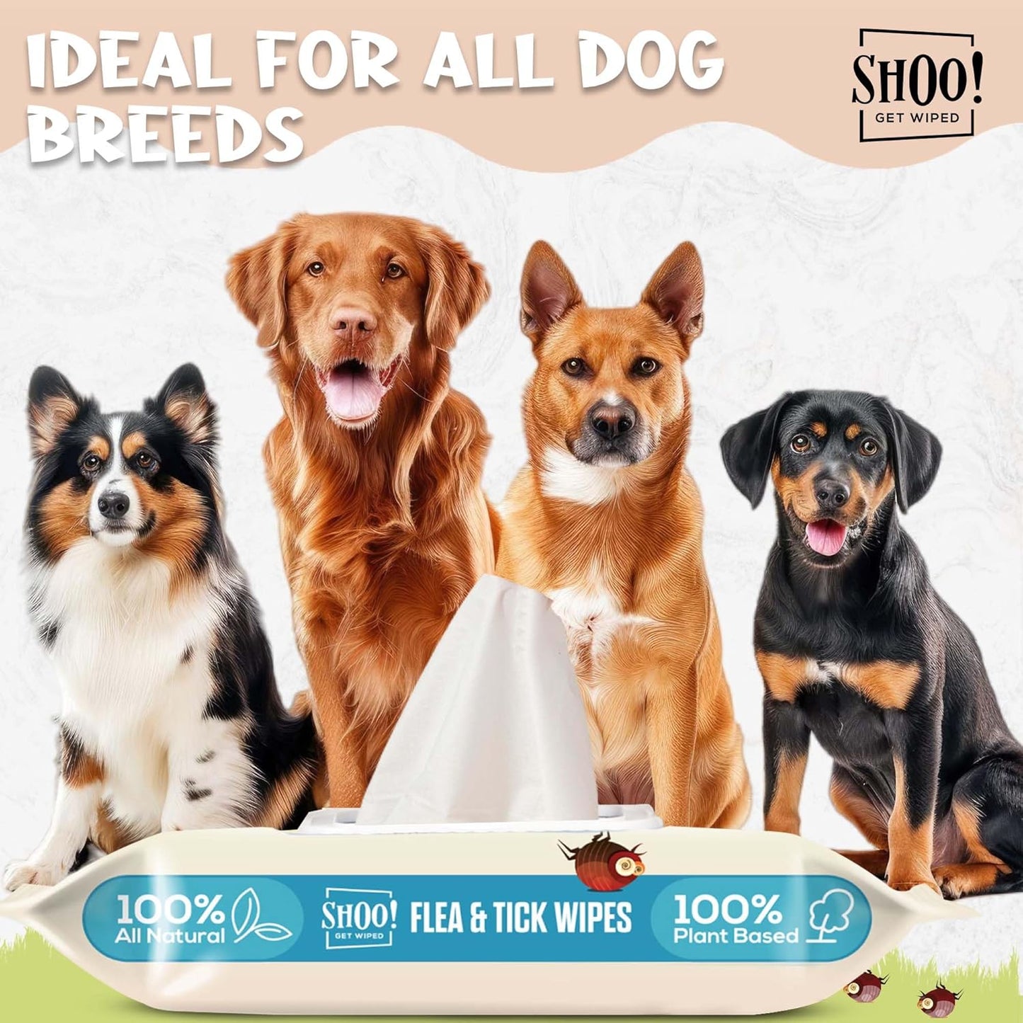 Shoo! Flea & Tick Wipes for Dogs | Convenient, Easy On-The-Go Protection | Plant Based, Natural Oils, Chemical Free | Repels & Prevents | 50 XL Wipes | (Morning Freshness)