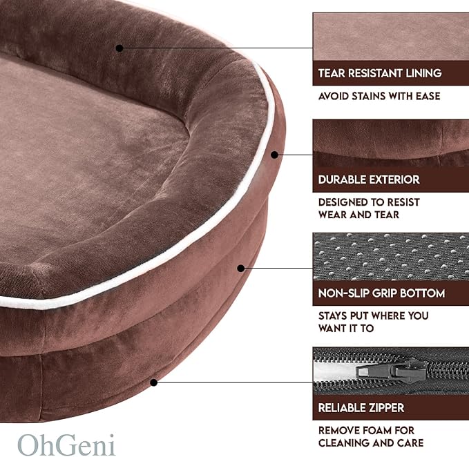 OhGeni Orthopedic Big Dog Couch Pet Sofa XL Sized Cat Beds with Comfort Foam Support, Soft Comfortable Fabric, Machine Washable Waterproof Removable Cover, 42-Inch (Brown)
