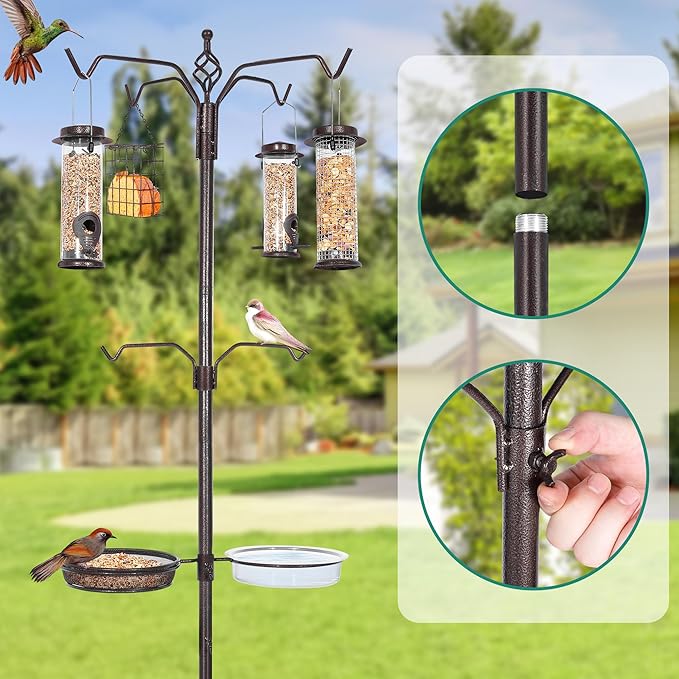 Bird Feeding Station Kit, 94 Inch Bird Feeder Pole Stand for Outdoors Hanging with 4 Feeders, Metal Suet and Bath Tray for Wild Birds Watching