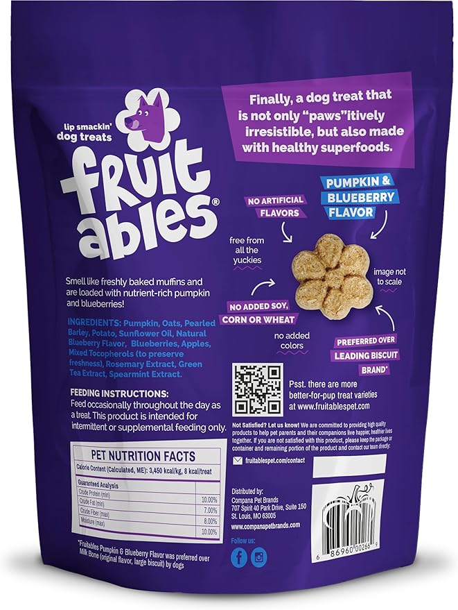 Fruitables Baked Dog Treats, Healthy Pumpkin Treat for Dogs, Low Calorie & Delicious, Free of Wheat, Corn and Soy, Made in The USA, Pumpkin and Blueberry Flavor, 20oz