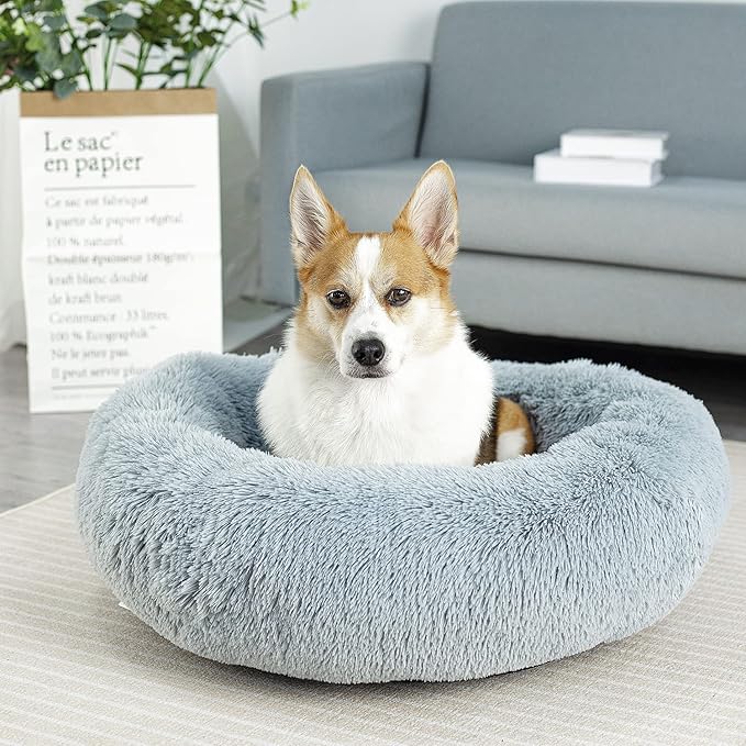 Anti Anxiety Round Fluffy Plush Faux Fur Warm Washable Dog Bed & Cat Bed, Original Bed for Small Medium Large Pets,Used to Relieve Joints and Improve Sleep(20"/24"/27'') (27", Light Grey)