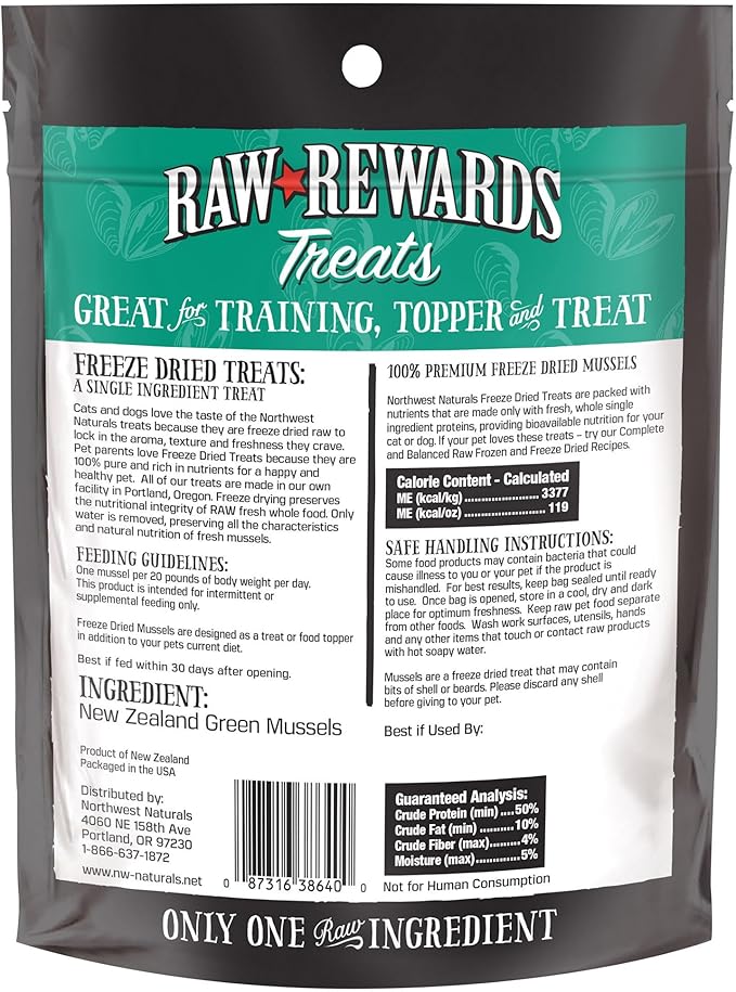 Northwest Naturals Raw Rewards Freeze-Dried Green Lipped Mussel Treats for Dogs and Cats - Bite-Sized Pieces - Healthy, 1 Ingredient, Human Grade, Natural, Proudly Made in USA, 2 Oz (Pack of 3)