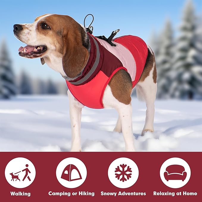 azuza Dog Jacket Waterproof Winter Coat for Small Dogs, Warm Fleece Vest with Reflective Strips & Built-in Harness, Windproof Back Zipper, Red S