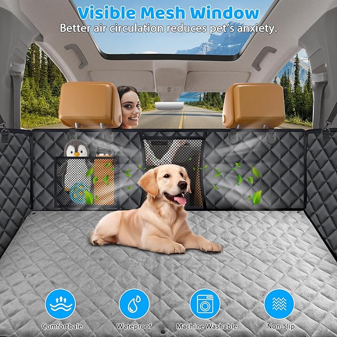 URPOWER Dogs Back Seat Extender with Non-Slip Blanket - Hard Bottom Dog Car Seat Cover & Removable Dog Bed Mat, Waterproof Dogs Hammock for Car, SUV & Small Truck, Pet Backseat Protector Holds 420lbs