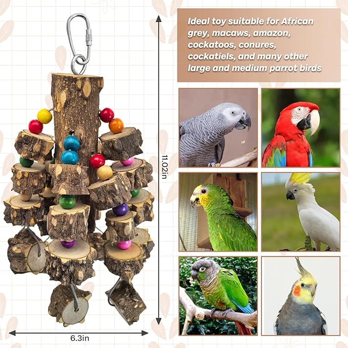 PINVNBY Large Bird Parrot Toys, Natural Wooden Blocks Chew Toy, Durable Cage Bite for African Grey Cockatoo Macaws Cockatiels Eclectus Large Medium Parrots (Small Size, Wire Link)