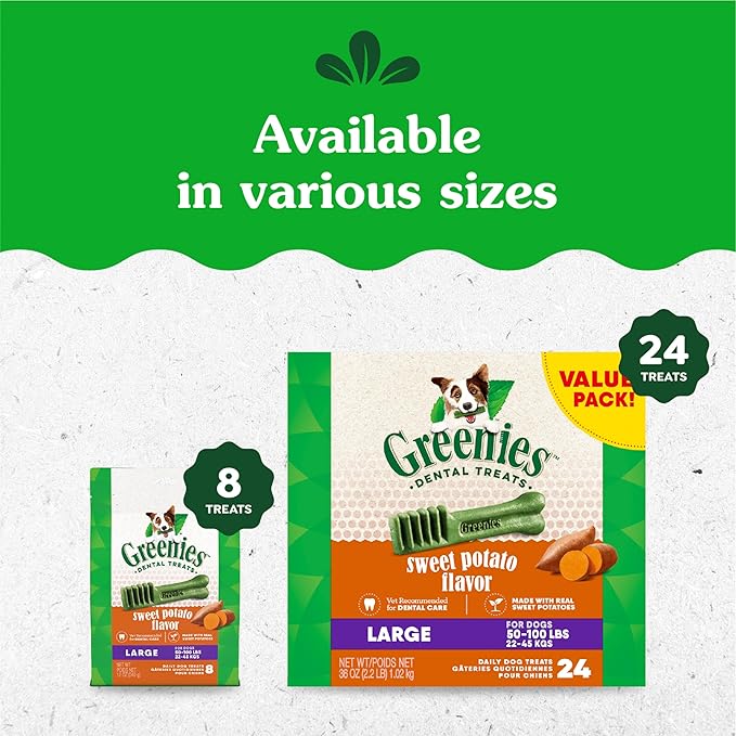 Greenies Large Dog Dental Treats, Sweet Potato Flavor, 12 oz. Pack (8 Treats)