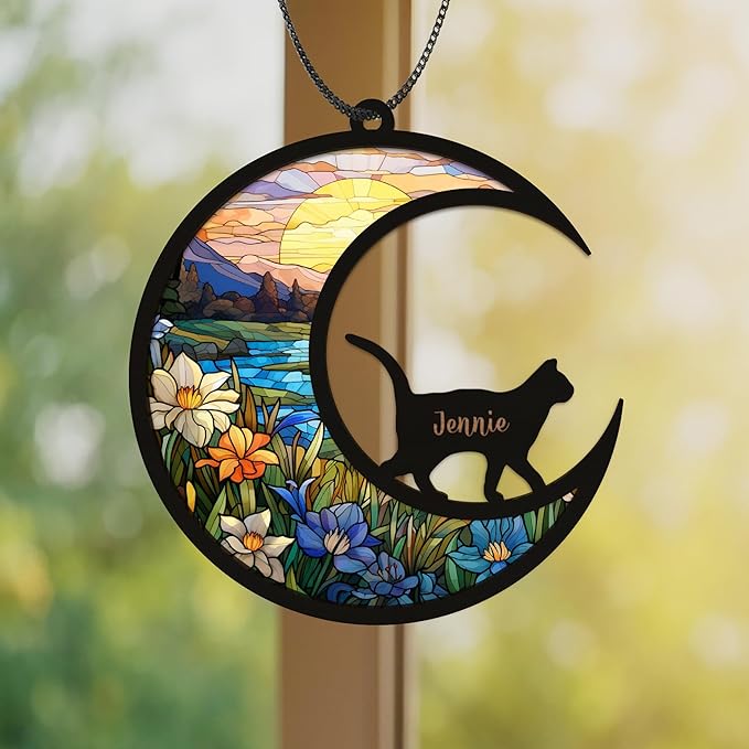 Personalized Cat Memorial Suncatcher Custom Name Shapes Pet Ornament Window Car Hanging Sympathy Gift for Loss of Cats Bereavement Keepsake Remembrance Gifts for Cat Lovers