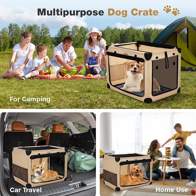 32 Inch Collapsible Travel Dog Crate for Medium Large Dogs, Portable 4-Door Foldable Soft Kennel with Mat and Durable Mesh Windows for Car & Outdoor, with Storage Bag