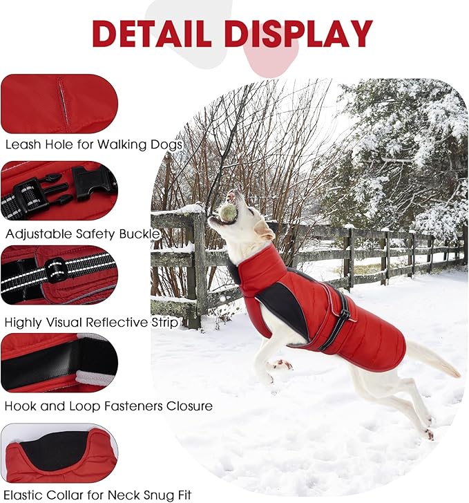 Nanaki Warm Dog Coats for Winter, Fleece Lined Furry Collar, Waterproof Reflective Dog Snowsuit with Leash Hole for Outdoor Walking Hunting, Easy On Cold Weather Puppy Jacket Vest, Beagle, Red L