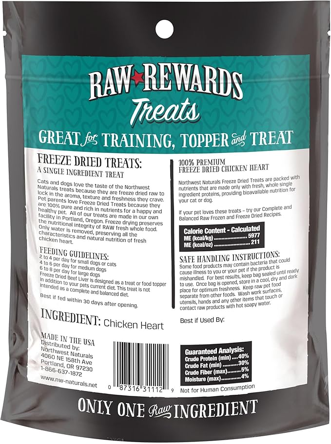 Northwest Naturals Raw Rewards Freeze-Dried Chicken Heart Treats for Dogs and Cats - Bite-Sized Pieces - Healthy, 1 Ingredient, Human Grade Ingredients, Natural, Proudly Made in USA, 3 Oz (Pack of 3)
