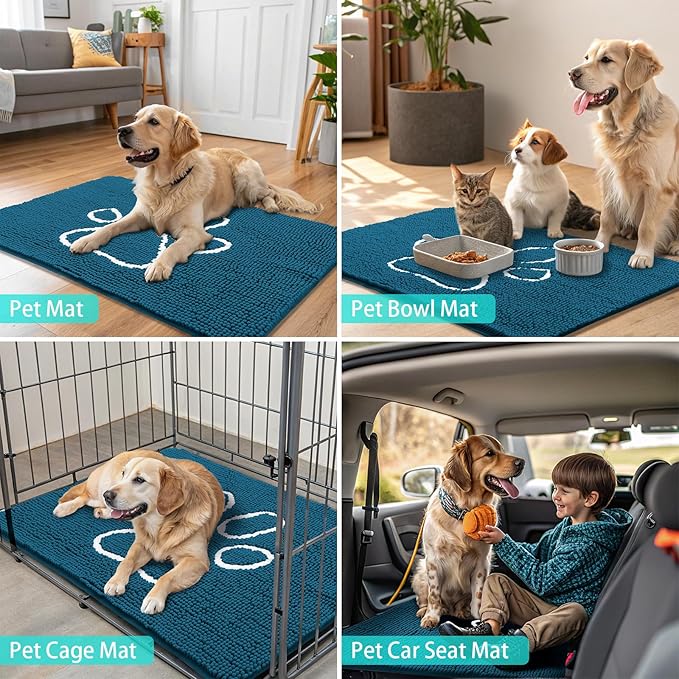 Smiry Dog Door Mat for Muddy Paws, Absorbent Dirt Trapper Non Slip Quick Dry Washable Chenille Mat for Mud Dogs, Entry Rug for Indoor and Outdoor (24x16 Inches, Atlantic Blue)