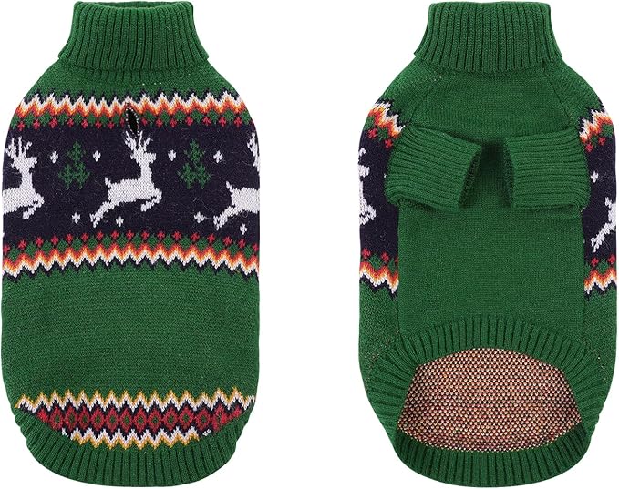 Queenmore Dog Christmas Sweater,Turtleneck Knitted Pullover Xmas Pet Clothes Sweatshirt,Christmas Outfit, Warm Dog Sweaters for Small Dogs Boy Girl,XmasDeer,L