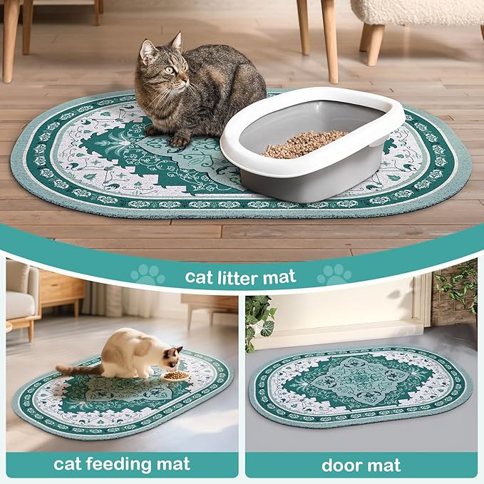 Bienbee Cat Litter Mat, 33" x 22" Large Size Litter Box Mat Rug with Non-Slip Bottom, Easy to Clean Cat Supplies Accessories Essentials for Indoor Kitty Kitten Floor,Green L