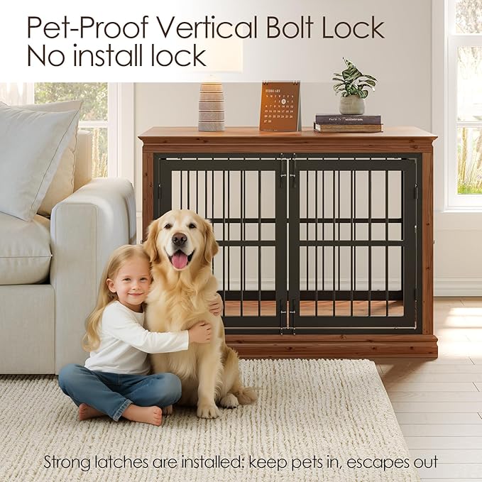 42 in Solid Wood Dog Crate Furniture for Dogs-Dog Kennel Indoor for End Table, Chew-Proof and Silent Latches Design for Large and Medium Dogs, Dog Kennel Furniture-(Brown+Black)