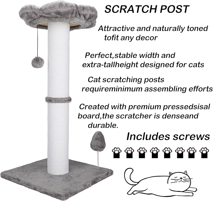 Cat Scratching Post 30 Inches Heavy Duty and Thicker Cat Scratching Post Sisal Rope with Hanging Ball and Flower Cat Perch for Indoor Cats and Adult(Grey)