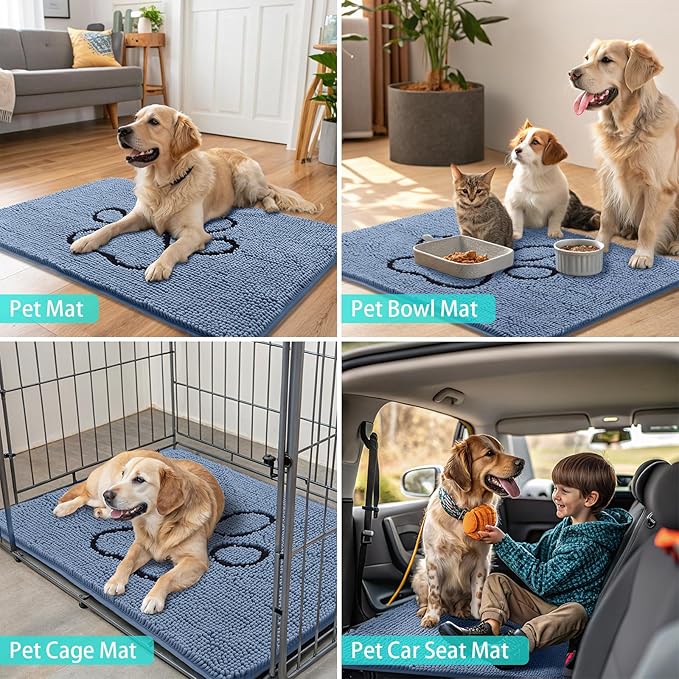 Smiry Dog Door Mat for Muddy Paws, Absorbent Dirt Trapper Non Slip Quick Dry Washable Chenille Mat for Mud Dogs, Entry Rug for Indoor and Outdoor (36x24 Inches, Airy Blue and Black)