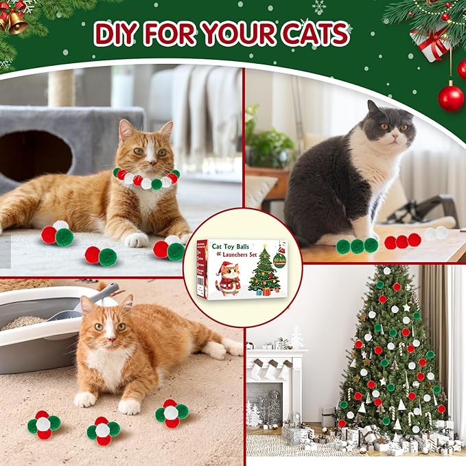Cat Toy Balls with Launchers Set (2+60), 60 Pom Pom Balls & 2 Ball Launchers, Cat Enrichment Toys, Interactive Cat Toy, Soft & Safe Cat Toys, for Cat