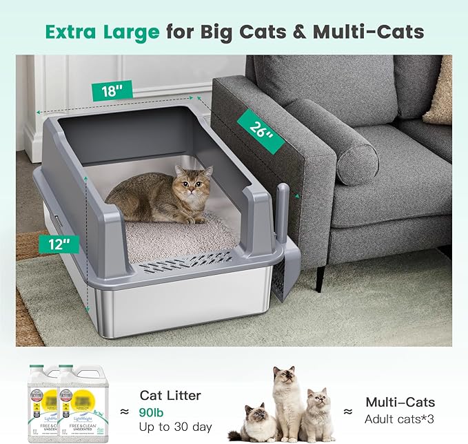 XXL Stainless Steel Cat Litter Box with Lid, Odorless XL Metal Box for Big Cats, Extra Large Kitty Litter Pan, Easy Clean Steel Box Anti-Leakage, Include Litter Scoop