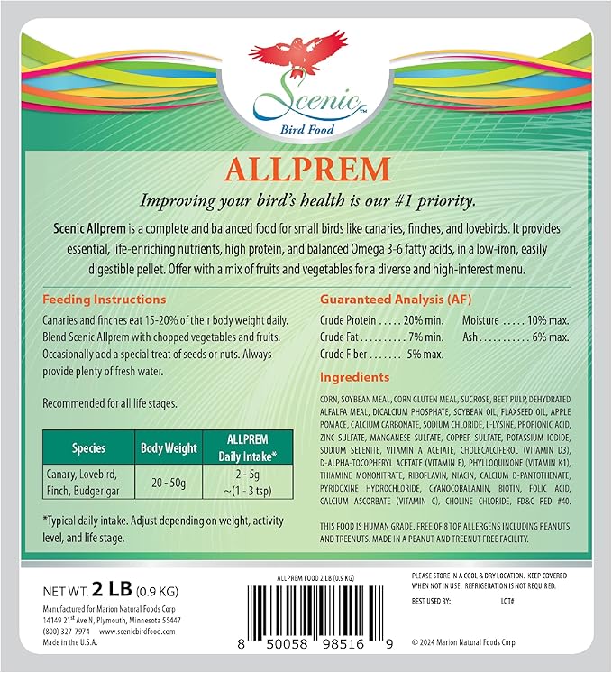 Scenic Allprem Canary and Finch Bird Food | Formulated Diet | Apple and Corn Flavor | 2 Pound Bag (2 LB)