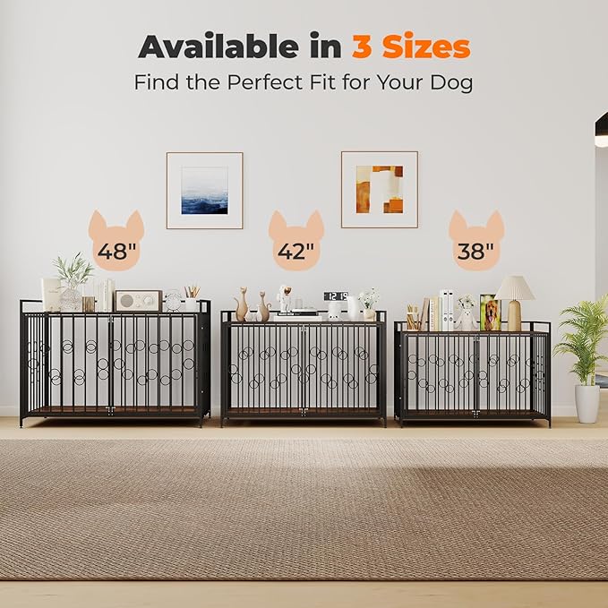 Furniture Style Dog Crate with Table Top, 48 Inch Heavy Duty Chew Proof Kennel for Large Dogs, Waterproof Wooden Finish Indoor Metal Pet Home