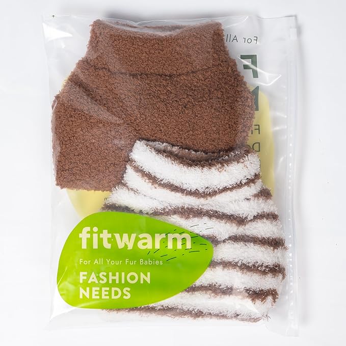 Fitwarm 2 Pack Striped Fleece Dog Sweater, Warm Winter Clothes for Small Dogs Boy Girl, Fuzzy Pet Outfit, White, Brown, XL