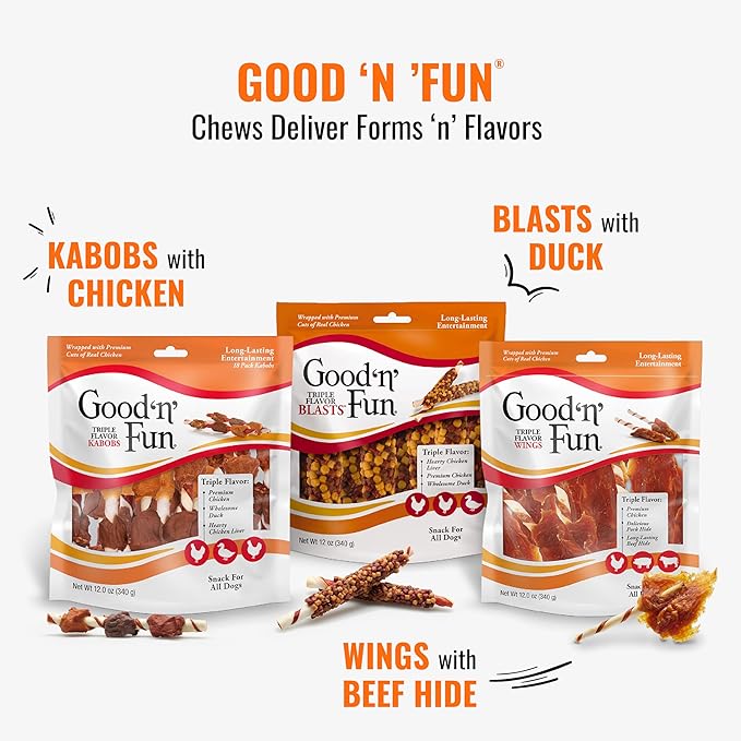 Good'n'Fun Triple Flavored Rawhide Kabobs for Dogs 3 Pound (Pack of 4)