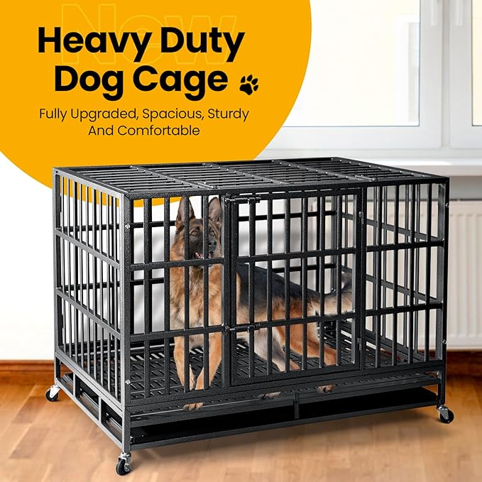 Oranland 48 inch Heavy Duty Indestructible Dog Crate,2025 New Upgraded Reinforced Baseplate for Large Dogs,XL Dog Crate for High Anxiety Dogs/Max Load Capacity 250lbs/Double Door with Wheels