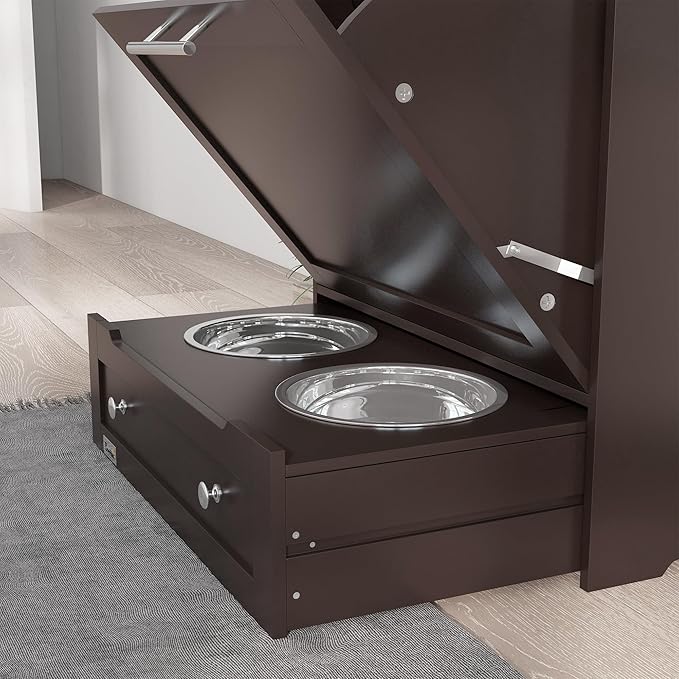 PawHut Dog Feeding Station with Storage, Pet Feeder Cabinet Container with Raised Bowls and Hanger for Feeding & Watering Supplies, Dog Food Organizer, Brown