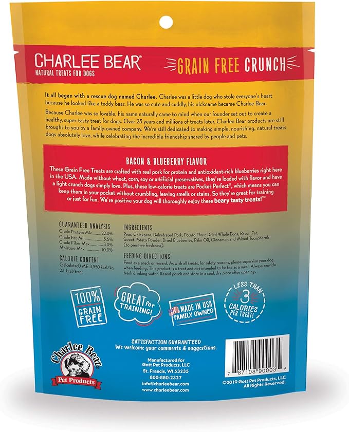 Charlee Bear Grain Free Crunch Dog Treats, Bacon & Blueberry Flavor, 8 oz (Pack of 2)