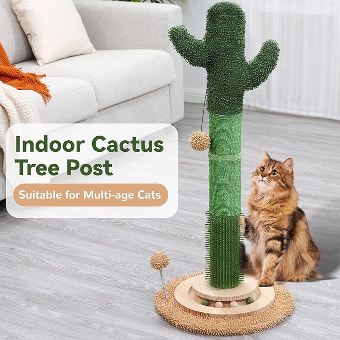 OTOB 36" Tall Cat Cactus Scratching Post, Natural Sisal Rope Cat Scratcher Post, Vertical 6-in-1 Interactive Turntable Cat Scratch Post with Soft Ball Toys, Protect Your Furniture (Green/Brown)