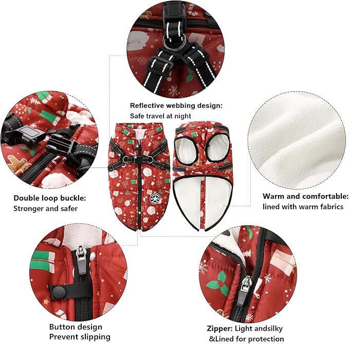 Aiboria Dog Jacket Windproof Fleece Dog Sweater with Padded Vest Chest Strap Harness Dogs Coat Christmas Red 3XL