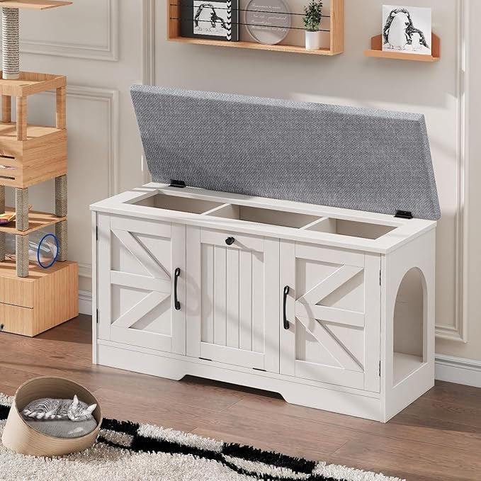 Vabches Cat Box Litter Enclosure with Cushion, Flip Top Cat Litter Box Furniture with Storage, Farmhouse Indoor Cat House with 3 Doors, Pet Washroom Hidden Litter Box, White