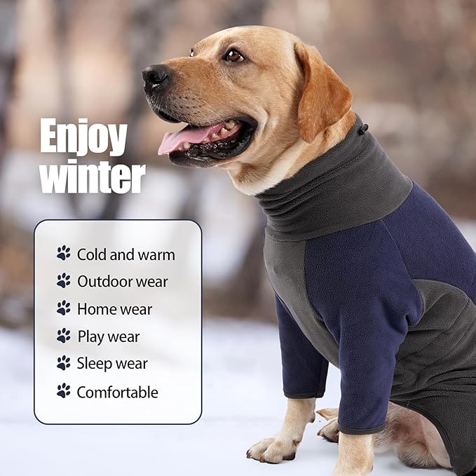 Dog Winter Coat, Warm Fleece Dog Jacket, Windproof Dog Pullover Jumpsuit, Fullbody Dog Pajamas Onesie, Cold Weather Clothes for Medium Large Dog(XL,Blue)