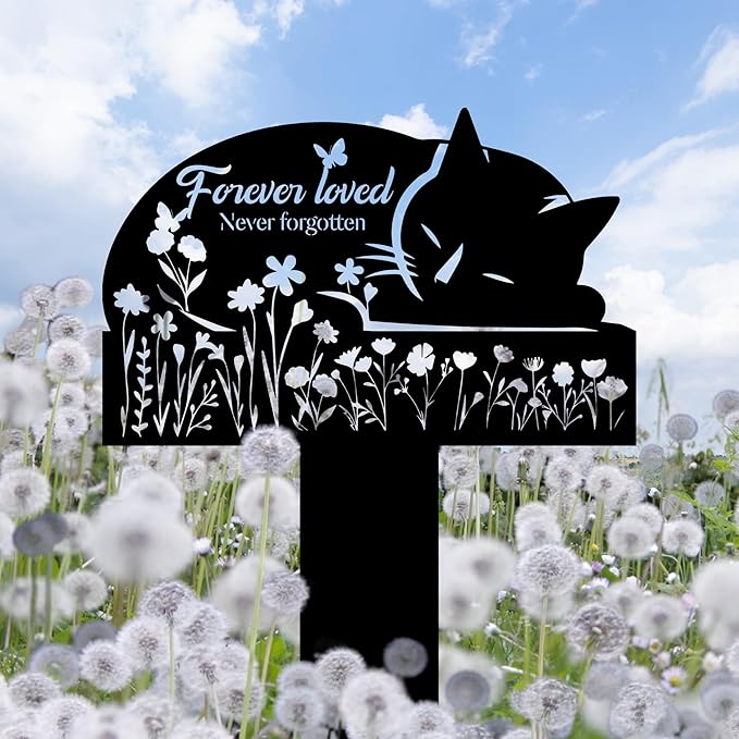 Cat Grave Marker Outdoor Memorial – 12in Metal Pet Memorial Plaque with Garden Sleeping Cat, Weatherproof Headstone for Yard or Indoor Tribute, Sympathy Gift for Loss of Cat