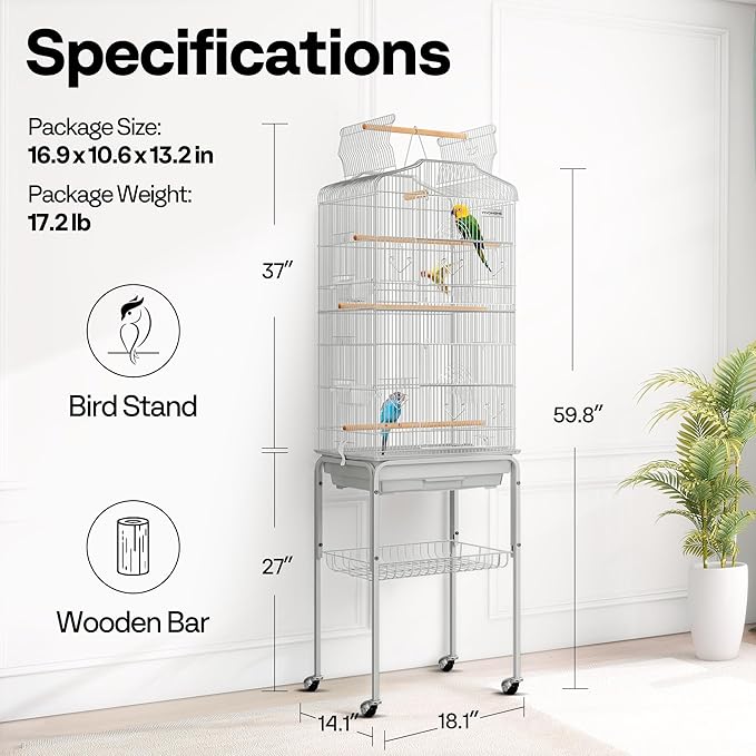 VIVOHOME 64 Inch Bird Cage with Play Top and Rolling Stand for Parrots Conures Lovebird Cockatiel Parakeets Gray
