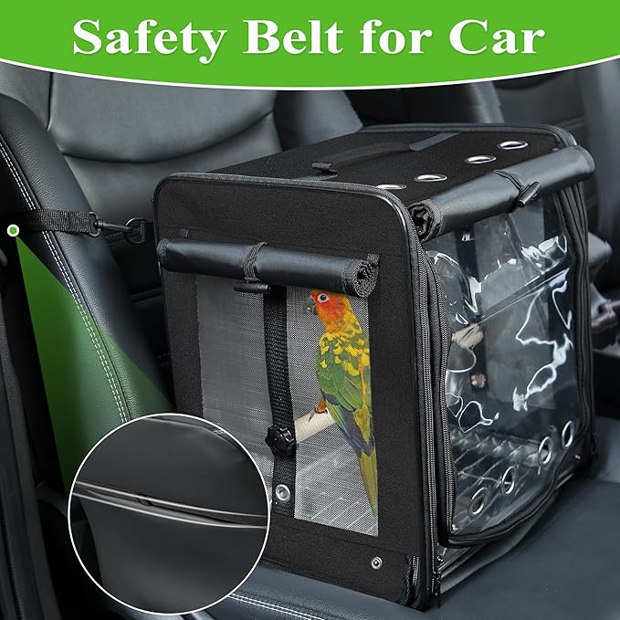 Sanmoncare Bird Carrier for Car Travel with Seat Belt, Indestructible Stainless Steel Mesh Parrot Backpack Travel Cage