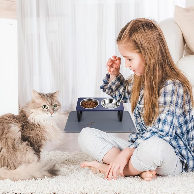 Upgraded Elevated Cat Bowls with Food Mat,15°Tilted Stand Anti Vomiting Raised Cat Dishes for Food and Water,2 Stainless Steel Bowls for Cats and Puppies(Navy Blue)