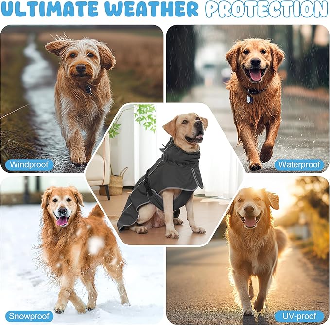 Dog Raincoat, Waterproof Dog Coat with Reflective Straps, Leash Hole & Polar Fleece Lining, Winter Snow Rain Coat for Small, Medium & Large Dogs, Warm, Windproof Vest Jackets