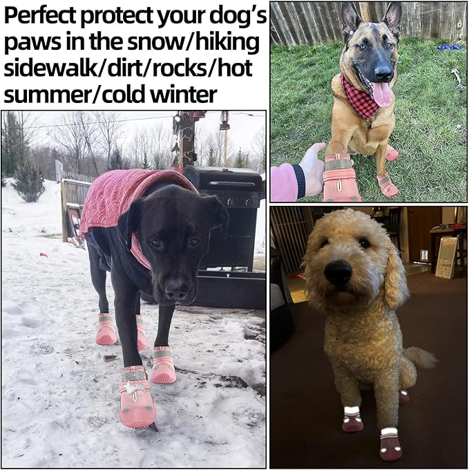 Dog Shoes for Large Dogs, Medium Dog Boots & Paw Protectors for Hardwood Floors, Outdoor Dog Booties for Hot Pavement Winter Snow Hiking, Waterproof Dog Shoes with Reflective Strips Size 4