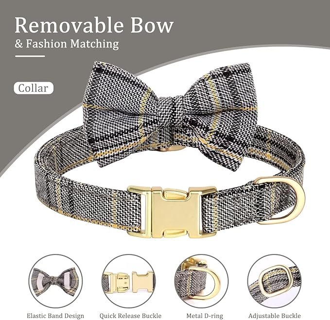 Beirui Cute Extra Small Dog Harness Collar and Leash Set with Bowtie, Soft Adjustable Plaid Puppy Harness for Small Sized Dogs Cats Walks Parties and Photoshoots(Gray,XS:Chest 13-18")