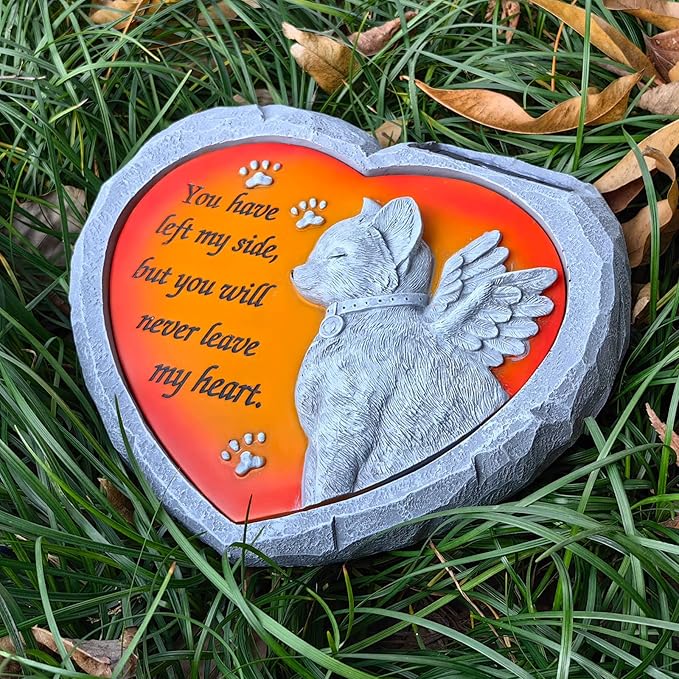 BAYN Cat Pet Memorial Stones Gifts, Solar Heart Shaped Pet Memorial Headstone Grave Markers for Loved Ones Loss of Cat Sympathy Gift Garden Stone Statue