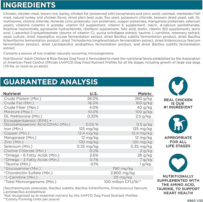 NutriSource Adult Dog Food, Made with Chicken and Rice, with Wholesome Grains, 30LB, Dry Dog Food