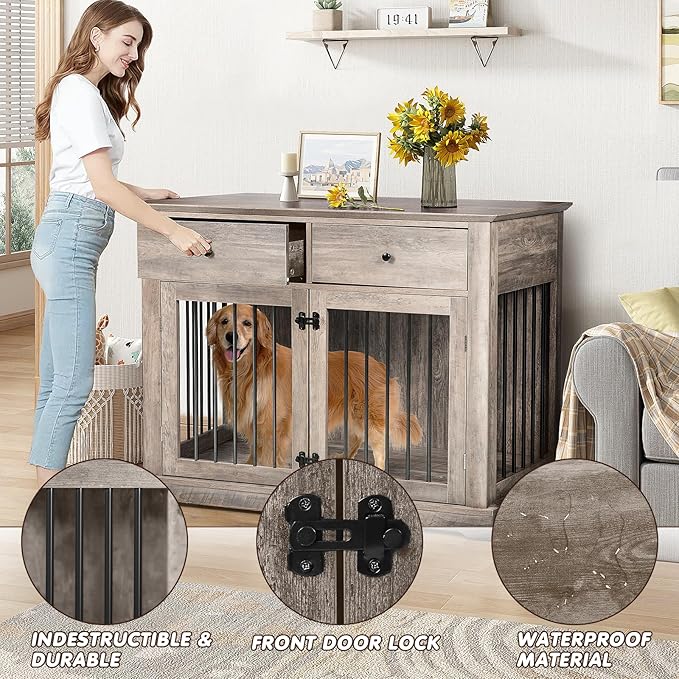 PUKAMI 44inch Dog Crate Furniture with Drawers,Wooden Dog Kennel Furniture for Large Breed,End Table Wood Dog House for Indoor use (Grey)