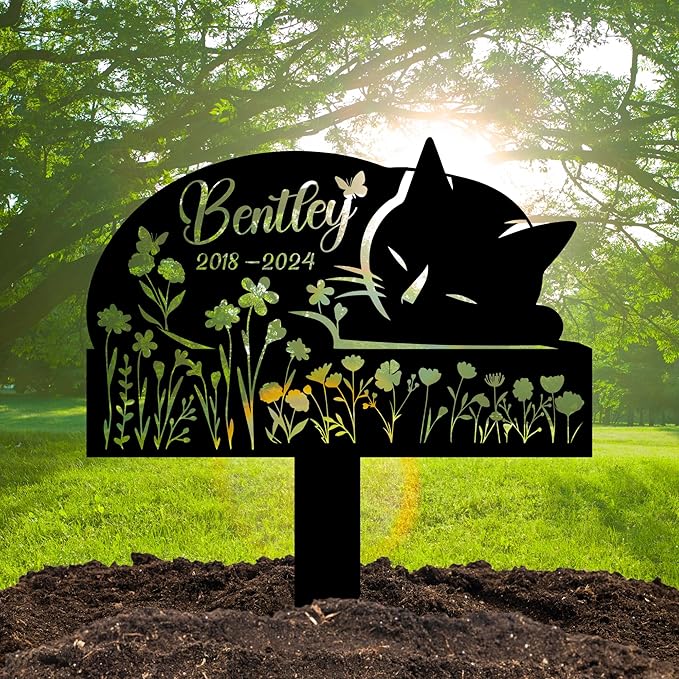 Sleeping Cat Grave Markers Outdoor, Weatherproof Metal Pet Headstone with Name & Date, Outdoor Grave Marker for Cats – Variety of Sizes & Finishes