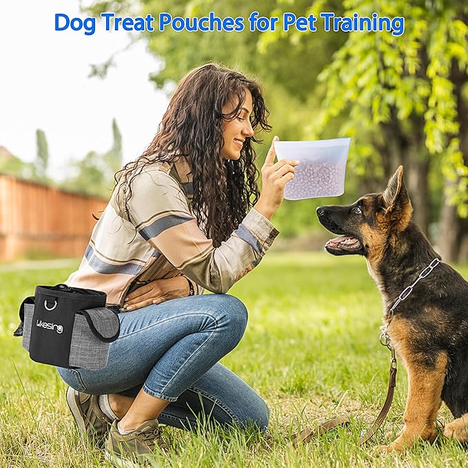 Dog Training Pouch with 2 Cup Silicone Bag, Dog Treat Pouches for Pet Training with Clicker, Adjustable Belt, Poop Bags roll, 2 Ways Wear, for Outdoor Walks, Training, and Travel