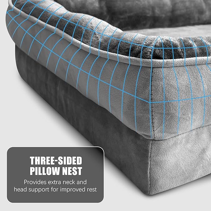 Orthopedic Dog Bed with Sides - Dog Sofa Beds for Extra Large Dogs, Supportive Foam Pet Couch Bed with Washable Removable Cover, Waterproof Lining and Non-Slip Bottom, Grey - XXL