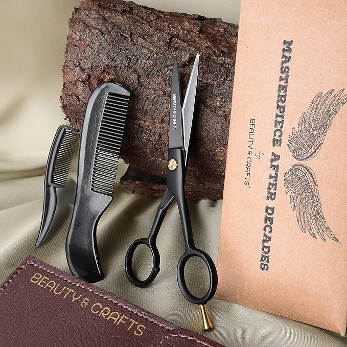 Beauty & Crafts- 5'' German Beard Mustache Scissors - 2 Mustache Comb for Facial Hair with Beautiful Pouch - Beard Trimming Scissors Use for Grooming, Cutting, and Styling of Mustache (Black)