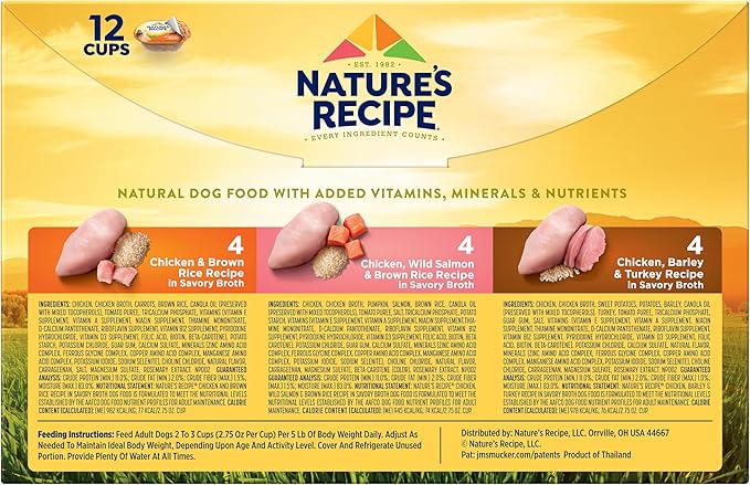Nature’s Recipe Chicken, Salmon and Turkey Recipes Variety Pack Wet Dog Food, 12-2.75 oz. Cups, 2 Count