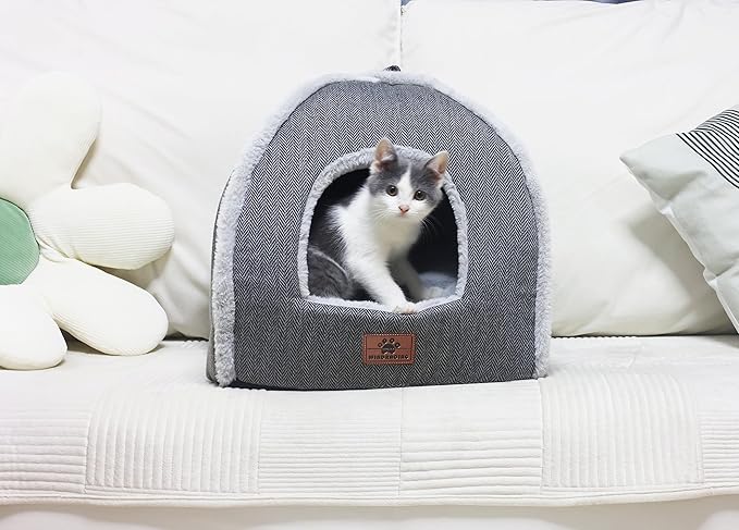 Cat Bed for Indoor Cats - Cat Cave Bed Cat House Cat Tent with Removable Washable Cushioned Pillow, Soft and Self Warming Kitten beds,Cat Beds & Furniture (Large Grey)